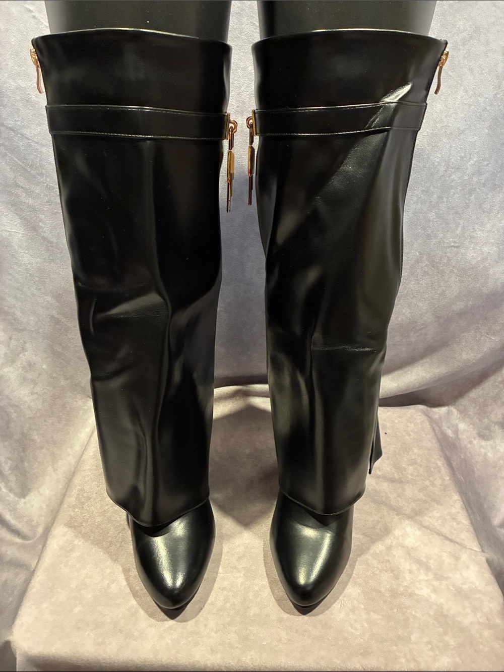 Black Knee-High Boots - Sleek Pointed Toe, Fold-Over, Wedged Heel
